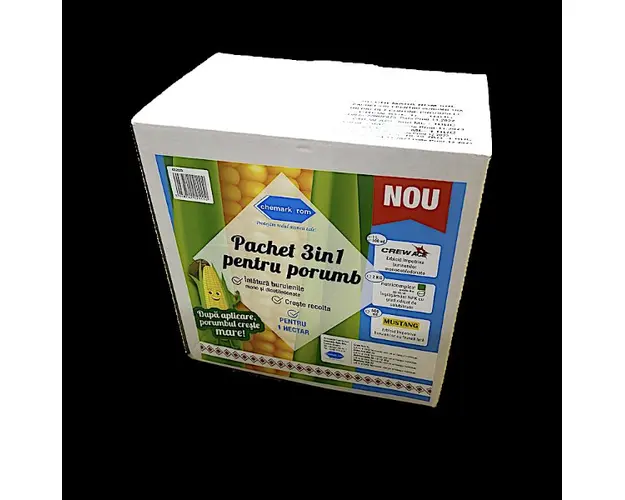 Pachet 3 in 1 pentru porumb 1 HA, Chemark Rom, contine 1,5 L Crew Ace, 500 ml Mustang, 2 kg Nutricomplex 30-10-10