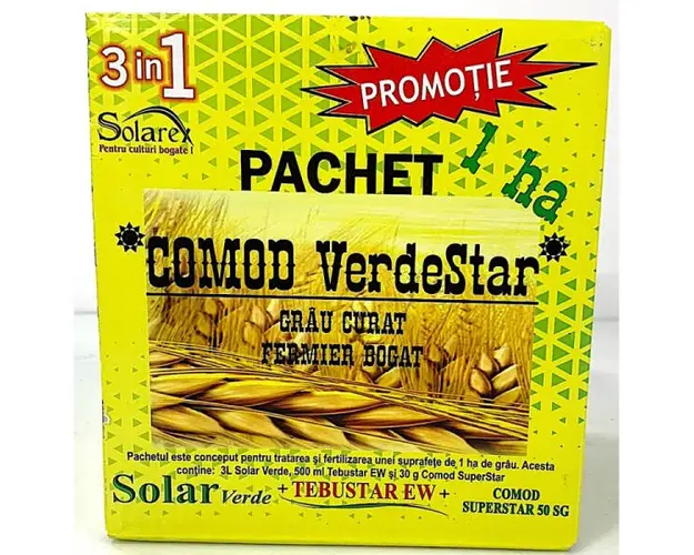 Pachet Comod VerdeStar 1HA, pentru grau, Solarex, pachet erbicid (Comod Superstar 30 gr+ Tebustar EW 500 ml) + ingrasamant foliar (Solar Verde 3L)