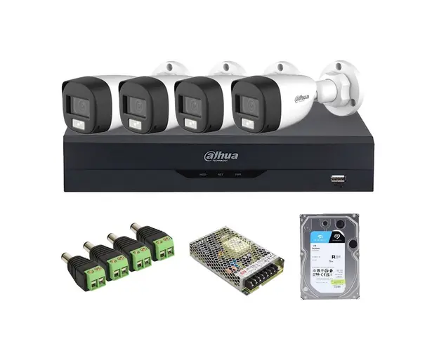 Sistem supraveghere exterior middle Dahua DH-M4EXTIRALB20-5MP-M, 4 camere, 5 MP, IR/lumina alba 20 m, 3.6 mm, microfon, HDD 1TB