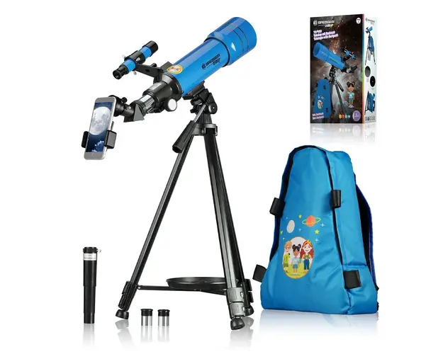 Set telescop refractor pentru copii 70/400 si rucsac Bresser Junior, albastru