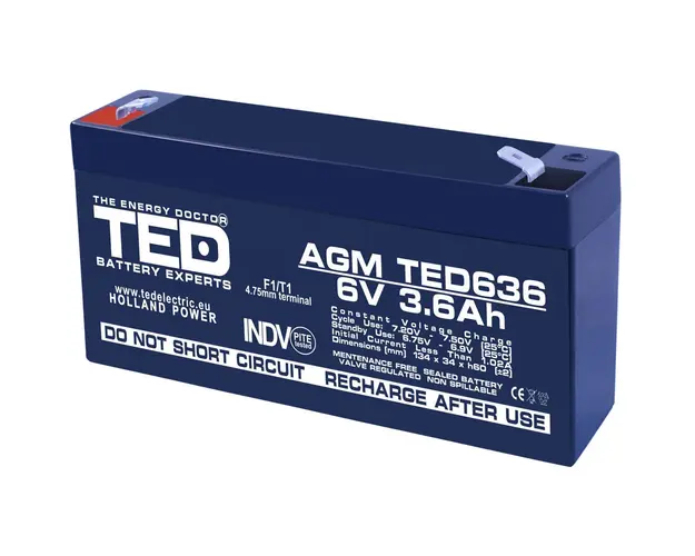 Acumulator AGM VRLA TED TED002891, 6 V, 3.6 A