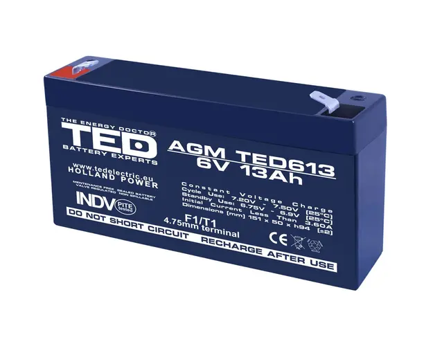 Acumulator AGM VRLA TED TED003010, 6 V, 13 A