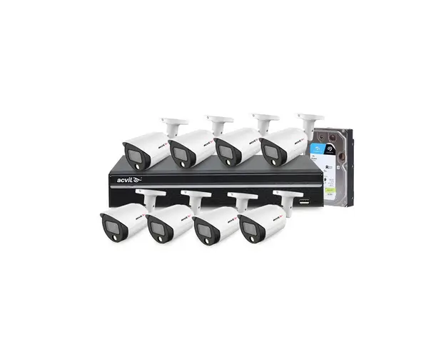 Sistem supraveghere IP exterior Acvil Full Color ACV-FC-M8EXT30-4M-A-IP, 8 camere, 4 MP, lumina alba 30 m, 2.8 mm, slot card, microfon + HDD 1 TB