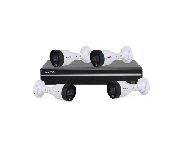 Sistem supraveghere IP exterior Acvil Full Color ACV-FC-B4EXT-30M-4MP-A-IP, 4 camere, 4 MP, lumina alba 30 m, 2.8 mm, slot card, microfon