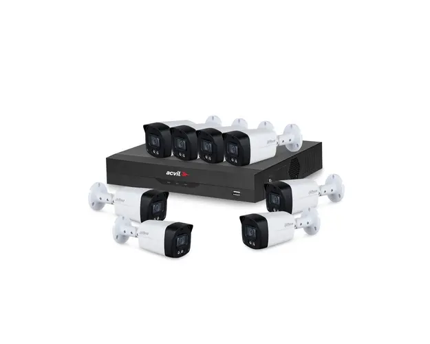 Sistem supraveghere exterior basic Acvil Dahua ACVDH-B8EXTALB40-5MP-M, 8 camere, POS, IoT, 5 MP, lumina alba 40 m, 3.6 mm, microfon