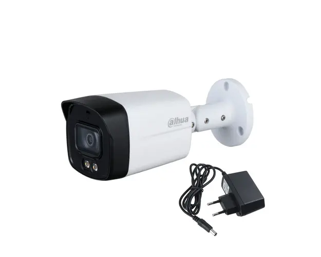 Camera supraveghere de exterior Dahua Starlight Full Color HAC-HFW1509TLM-A-LED, 5 MP, lumina alba 40 m, 3.6 mm, microfon + alimentator cadou