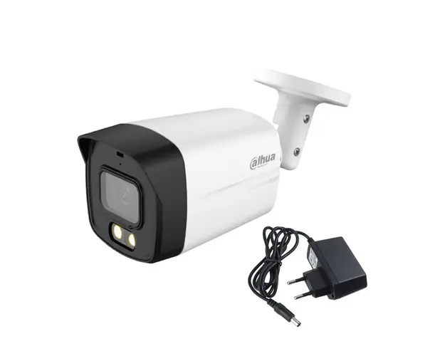 Camera supraveghere exterior Dahua Full Color HAC-HFW1239TLM-A-LED-0360B-S2, 2 MP, lumina alba 40 m, 3.6 mm, microfon + alimentator cadou