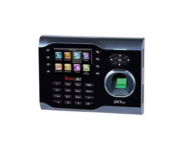 Controler de acces IP biometric ZKTeco TA-ICLOCK-360ZMM-1, ecran 3.5 inch, parola, 10.000 carduri, 8.000 amprente, 200.000 evenimente