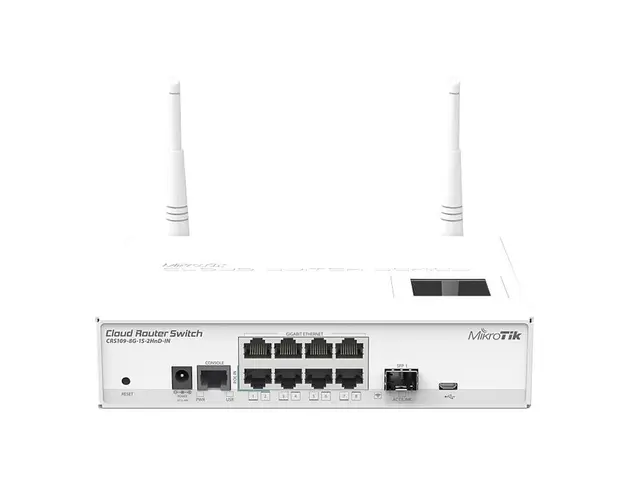 Switch wireless cu 8 porturi Gigabit MikroTik Cloud Router CRS109-8G-1S-2HND-IN, cu management, port SFP, 2.4 GHz, 300 Mbps, PoE