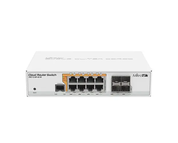 Switch cu 8 porturi PoE Gigabit MikroTik Cloud Router CRS112-8P-4S-IN, 4 porturi SFP, cu management, PoE
