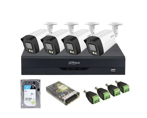 Sistem supraveghere exterior middle Dahua DH-M4EXTFC40-2MP-M, 4 camere, 2 MP, lumina alba 40 m, 3.6 mm, microfon, POS, IoT, HDD 1TB