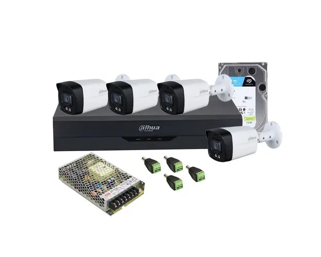 Sistem supraveghere exterior middle Dahua DH-M4EXTFC40-5MP-M, 5 M-N, 4 canale, 5 MP, lumina alba 40 m, 3.6 mm, microfon, HDD 1TB 