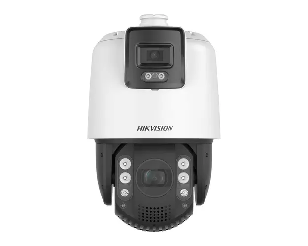 Camera supraveghere rotativa IP Speed Dome PTZ Duala Hikvision TandemVu DS-2SE7C432MW-AEB(14F1)(O-STD)(P3), 4 MP, 5.9 - 188.8 mm / 4 mm, motorizat, lumina alba 30 m, IR 200 m, stroboscop, slot card, x32, Hi-PoE
