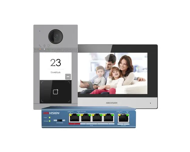 Kit videointerfon WiFi Hikvision DS-KIS604-S(C), 2 MP, 7 inch, Mifare, 2.4 GHz, 1 familie, aparent, PoE