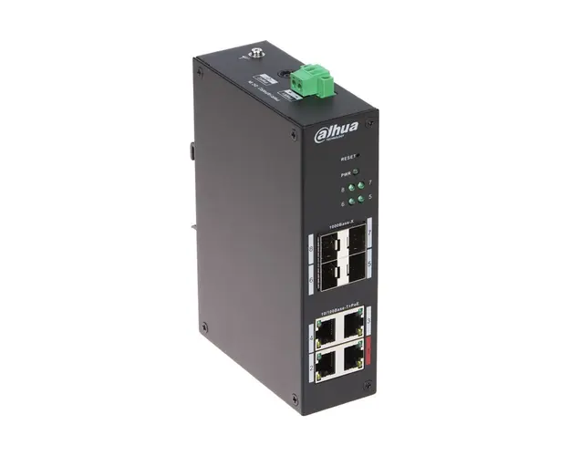 Switch cu 8 porturi Dahua HS4408-4ET-96, 4 porturi PoE 10/100 Mbps, 4 porturi SFP 1000 Mbps, PoE Watchdog, Hardened Switch