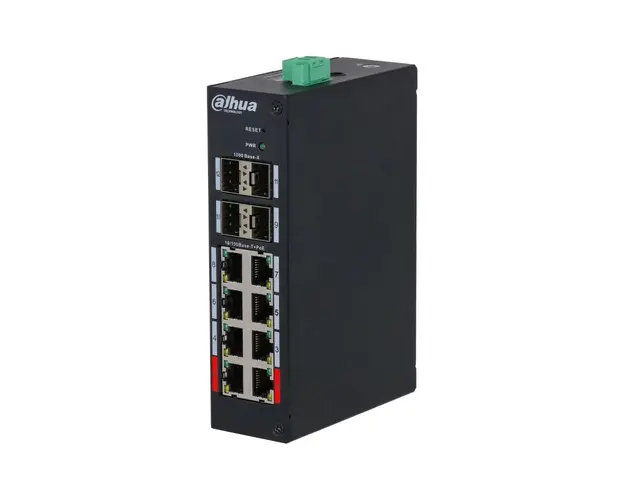 Switch cu 12 porturi Dahua HS4412-8ET-120, 8 porturi PoE 10/100 Mbps, 4 porturi SFP 1000 Mbps, PoE Watchdog, Hardened Switch