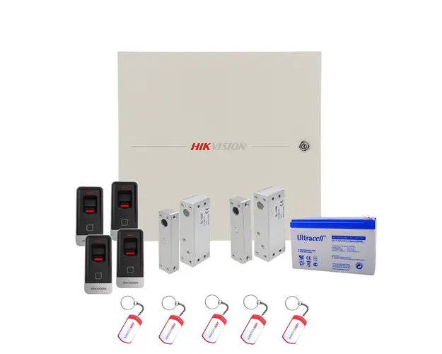 Sistem control acces Hikvision KIT-2UBACV2, amprenta, cartela, 13.56 KHz, acumulator, doua usi bidirectionale