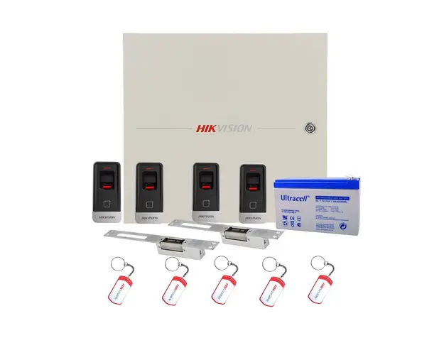 Sistem control acces Hikvision KIT-2UBAC, amprenta, cartela, 13.56 MHz, acumulator, doua usi bidirectionale