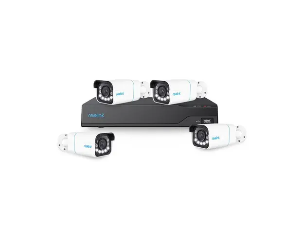 Sistem supraveghere exterior IP basic Reolink KIT-RLK-4EXTIP-8MP-30M-P-M-V2, 4 camere, 8 MP, LED/IR 30 m, 2.7 - 13.5 mm, slot card, microfon, sirena, detectie oameni/vehicule, PoE
