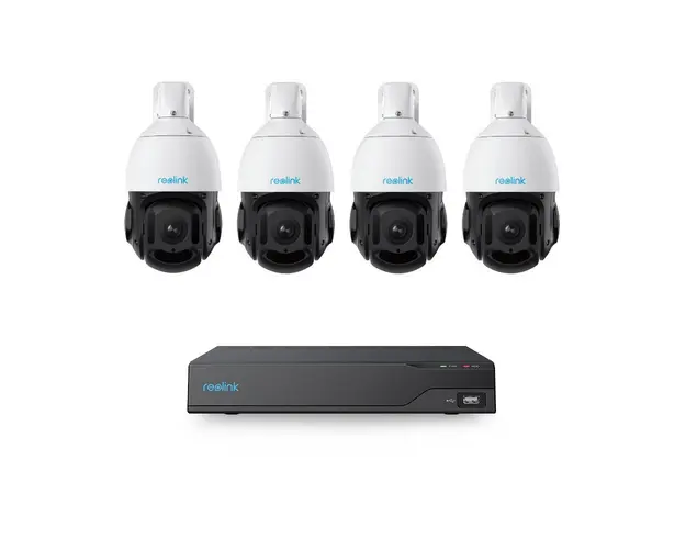 Sistem supraveghere exterior IP Speed Dome PTZ Reolink KIT-RLK-4INTIP-8MP-80M-P-M, 4 camere, 4K, 5.3-86 mm, IR 80 m, slot card, microfon, PoE, zoom 16x, auto tracking