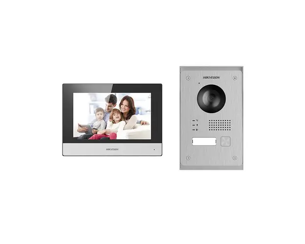 Kit videointerfon IP Hikvision DS-KIS703Y-P, 2MP, 7 inch, IR 3 m, 2 fire, o familie, aparent