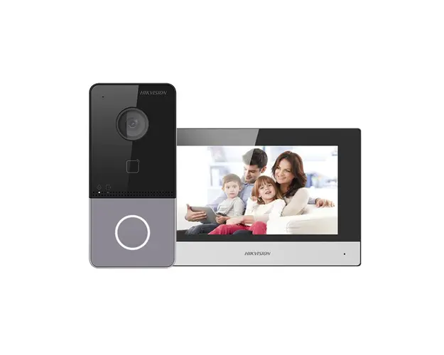 Kit videointerfon IP WiFi Hikvision DS-KIS603-P, 2 MP, 7 inch, Mifare, 2.4 GHz, 1 familie, aparent