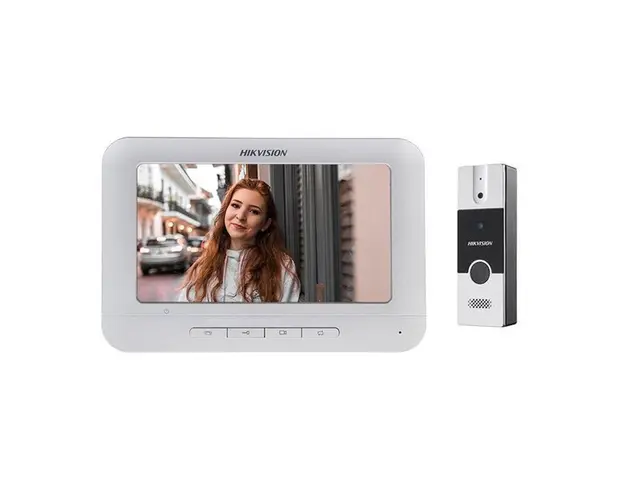 Kit videointerfon pe 4 fire Hikvision DS-KIS202T, LCD 7 inch, FullHD, 1 familie