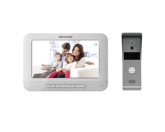 Kit videointerfon pe 4 fire Hikvision DS-KIS203T, 1 familie, 7 inch, aparent