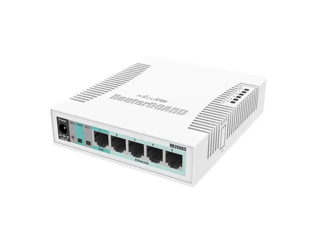 Switch cu 5 porturi Gigabit MikroTik CSS106-5G-1S, port SFP, cu management, PoE