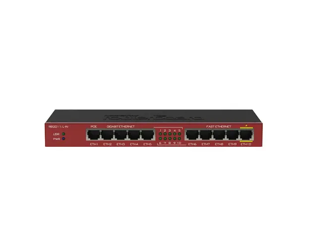 Router Gigabit MikroTik RB2011IL-IN, 5 porturi Gigabit, 5 porturi Fast Ethernet, 10/100/1000 Mbps, PoE