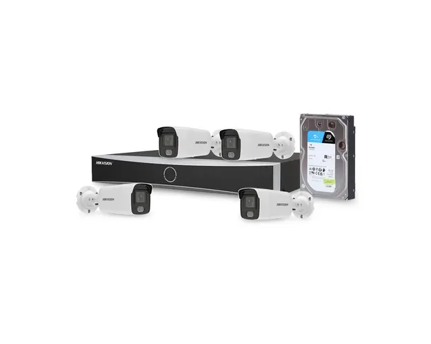 Sistem supraveghere IP exterior basic Hikvision 4EXTALB40-4MP-HDD, 4 camere, 4 MP, Lumina alba 40 m, 2.8 mm, PoE, HDD 1 TB