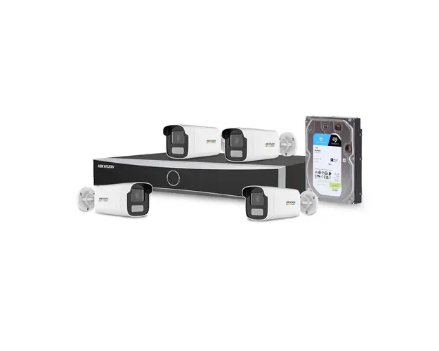 Sistem supraveghere IP exterior basic Hikvision 4EXTALB50-4MP-HDD, 4 camere, 4 MP, Lumina alba 50 m, 4 mm, PoE, HDD 1 TB