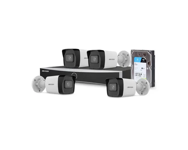 Sistem supraveghere IP exterior basic Hikvision 4EXTIR30-4MP-HDD, 4 camere, 4 MP, IR 30 m, 2.8 mm, PoE, HDD 1 TB