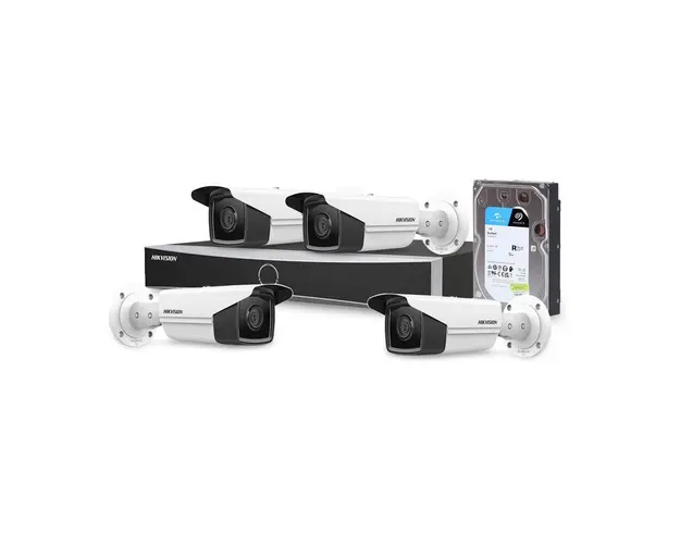 Sistem supraveghere IP exterior basic Hikvision 4EXTIR60-4MP-V3-HDD, 4 camere, 4 MP, IR 60 m, 2.8 mm, PoE, HDD 1 TB