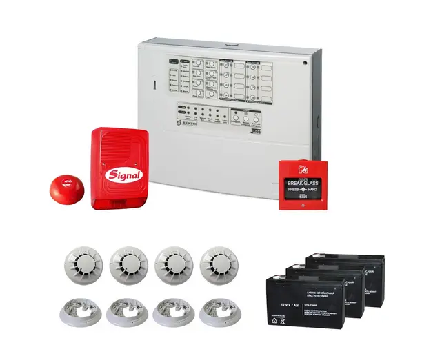 Sistem complet antiincendiu conventional Bentel J-408-4, 4 zone, max 128 detectori, 4 detectori fum