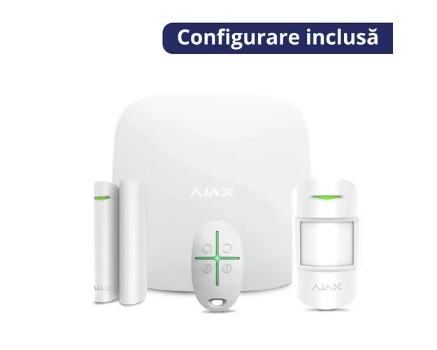 Sistem de alarma wireless Ajax Starter kit WH, 868/915 MHz, 2000 m, pet immunity si serviciu de configurare