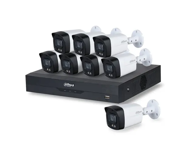 Sistem supraveghere exterior basic Dahua Full Color DH-FC8EXT30-5M-LED-A, 8 camere, 5 MP, lumina alba 40 m, 3.6 mm, microfon, PoS, IoT