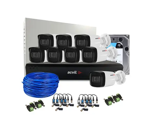 Sistem supraveghere exterior complet Acvil Pro ACV-C8EXT40-5M-V2, 8 camere, 5 MP, IR 40 m, 2.8 mm