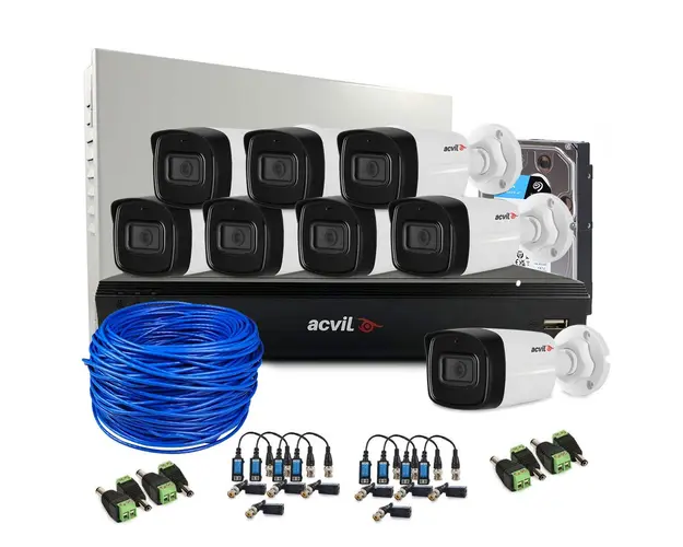 Sistem supraveghere exterior complet Acvil Pro ACV-C8EXT40-2MP-V2, 8 camere, 2 MP, IR 40 m, 2.8 mm, audio prin coaxial