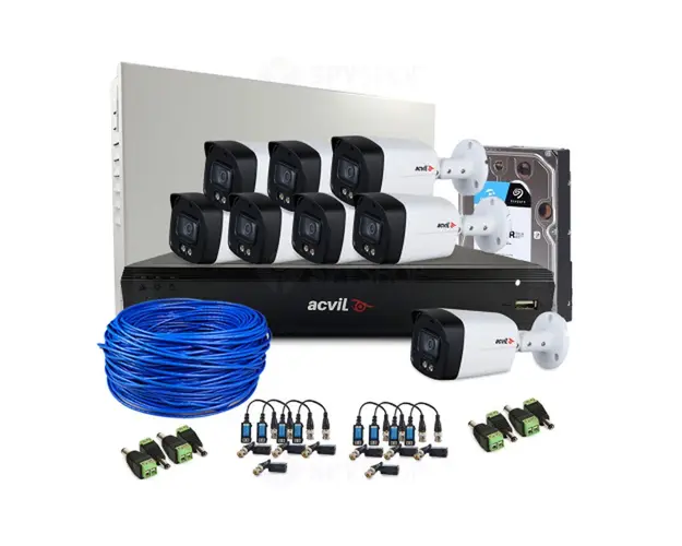 Sistem supraveghere exterior complet Acvil Pro Full Color ACV-C8EXTFC40-5M, 8 camere, 5 MP, lumina alba 40 m, 3.6 mm, audio prin coaxial