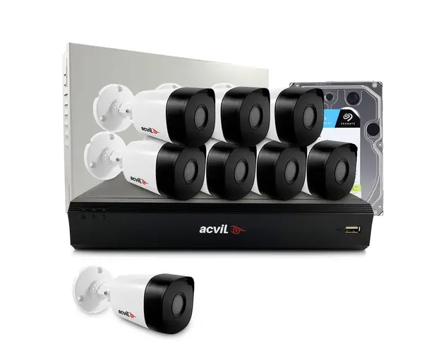 Sistem supraveghere exterior middle Acvil Pro ACV-M8EXT20-2MP-V2, 8 camere, 2 MP, IR 20 m, 3.6 mm, audio prin coaxial, HDD 1TB