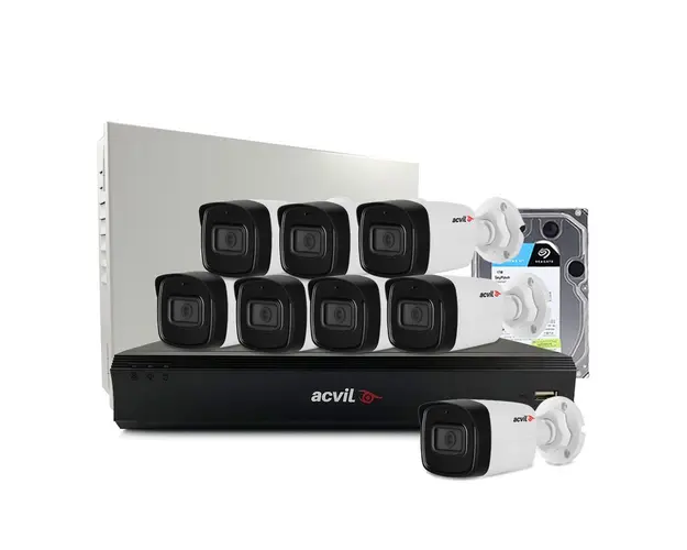 Sistem supraveghere exterior middle Acvil Pro ACV-M8EXT40-2MP-V2, 8 camere, 2 MP, IR 40 m, 2.8 mm, audio prin coaxial, HDD 1TB