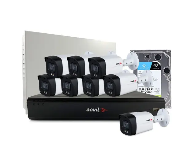 Sistem supraveghere exterior middle Acvil Pro Full Color ACV-M8EXTFC40-5M, 8 camere, 5 MP, lumina alba 40 m, 3.6 mm, audio prin coaxial, microfon, HDD 1TB