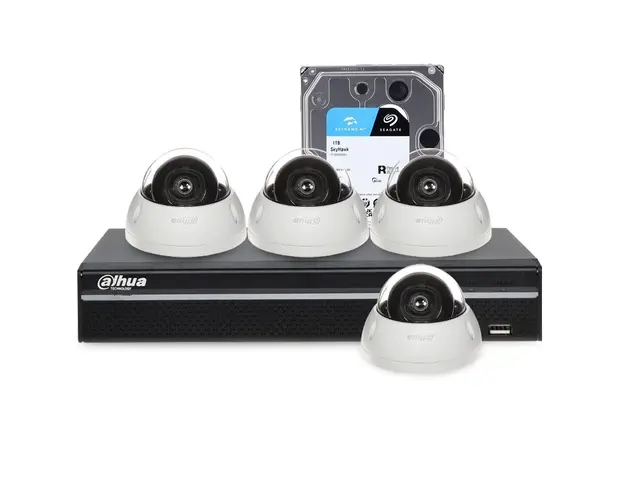 Sistem supraveghere IP exterior Dahua DH-IP-B4INT30M-2MP, 4 camere, 2 MP, IR 30 m, 2.8 mm, slot card, PoE, HDD 1 TB