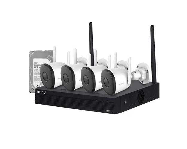 Sistem supraveghere IP WiFi exterior Imou KIT/NVR1104HS-W-S2/4-F22, 4 camere, 2 MP, IR 30 m, microfon, + HDD 1 TB