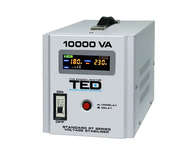 Stabilizator de tensiune cu 2 prize TED RT TED000071, 10000 VA, 6000 W, regleta