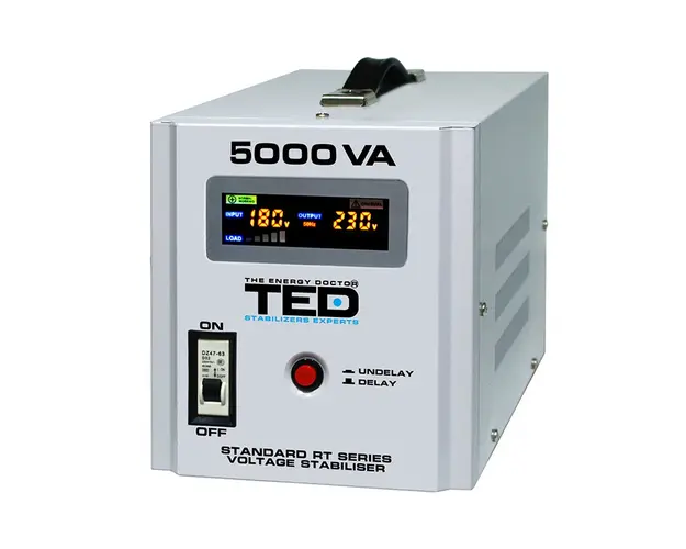Stabilizator de tensiune cu 2 prize TED RT TED000187, 5000 VA, 3000 W, regleta