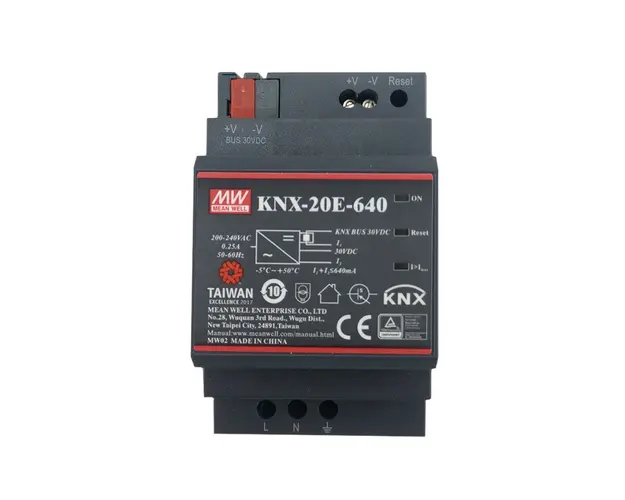 Sursa de alimentare MeanWell KNX-20E-640, 2 iesiri, 30V DC/0.64A, protocol KNX, montaj pe sina DIN