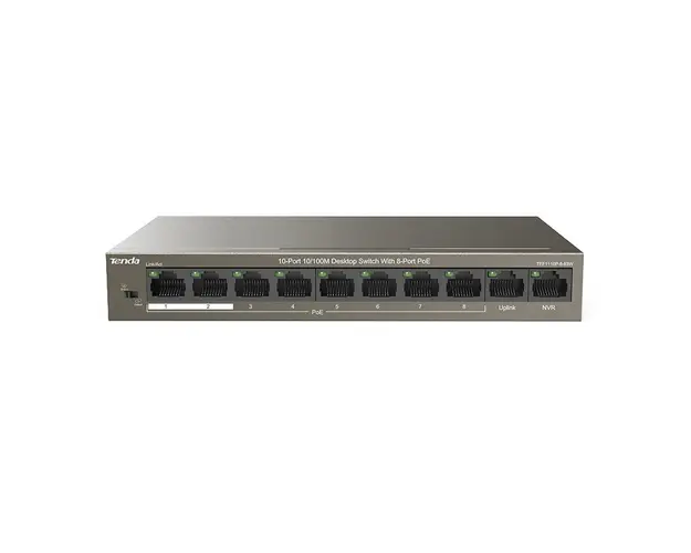 Switch cu 10 porturi Tenda TEF1110P-8-63W, 1.6 Gbps, 1.48 Mpps, 1000 MAC, PoE, fara management