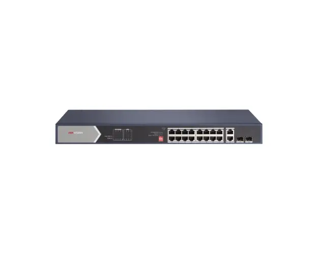 Switch cu 16 porturi Gigabit Hikvision DS-3E0520HP-E, 2 porturi fibra optica, 40 Gbps, 29.76 Mpps, 8000 MAC, PoE, fara management
